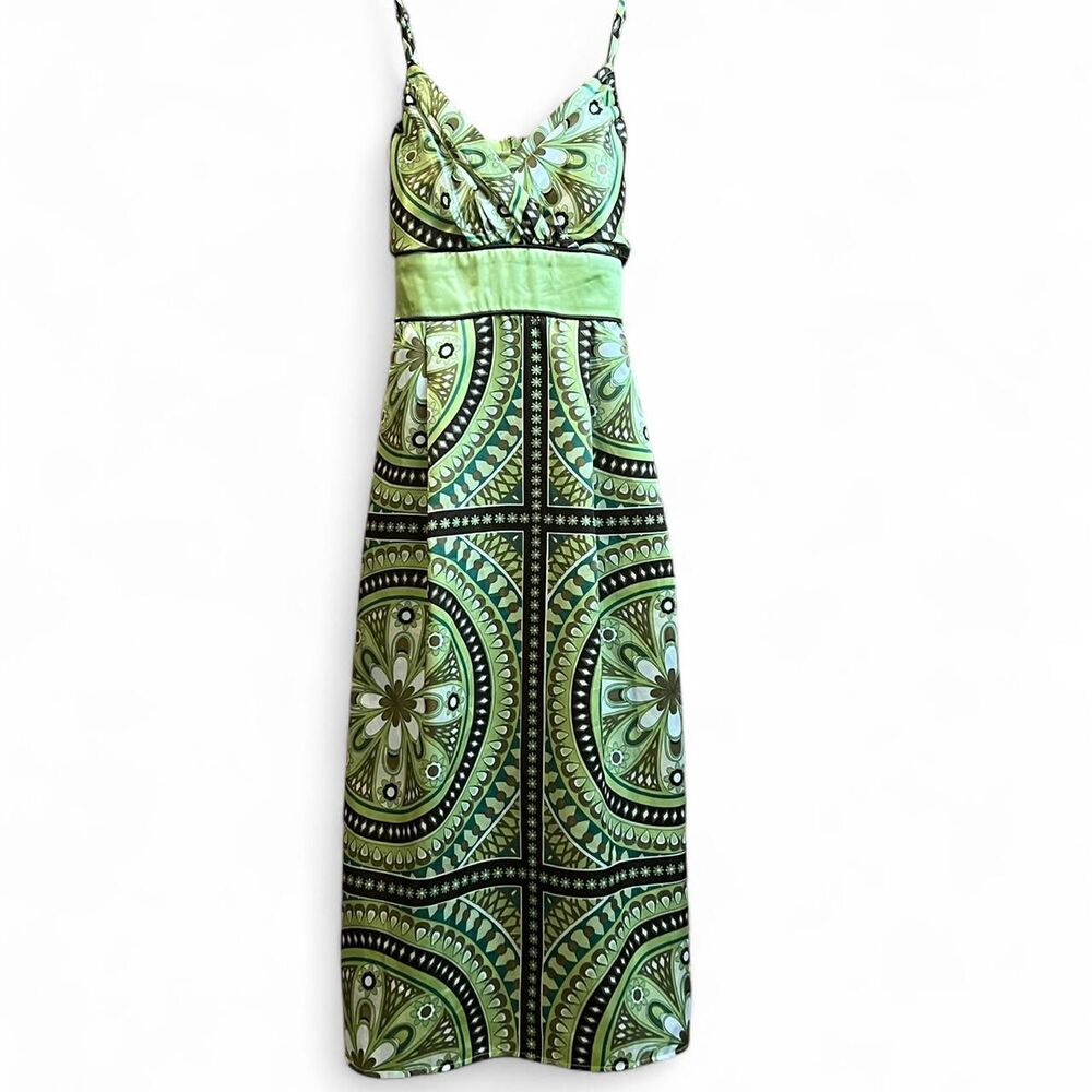 Vintage y2k Studio y geometric Green, brown, teal, and white satin dress